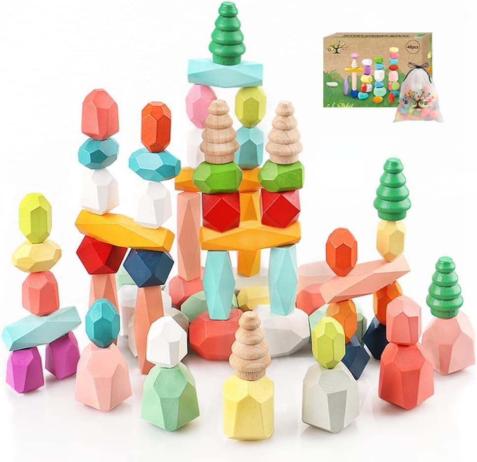 48PCS Wooden Stacking Rocks Building Blocks Montessori Toys for 1 2 3 4 5 6 Year Old Girls and Magnetic Tiles Building Blocks STEM Magnet Blocks Toys for 3+ Year Old Boys and Girls