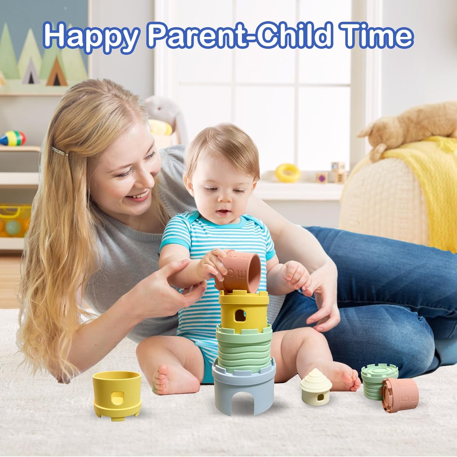 Baby Stacking Toy Set,Baby Stacking Rings,Stacking Cups Toys, Nesting Cups Silicone teether Growth Toy Set，Learning and Explorer Toys,Stacking Toys for Toddlers 1-3