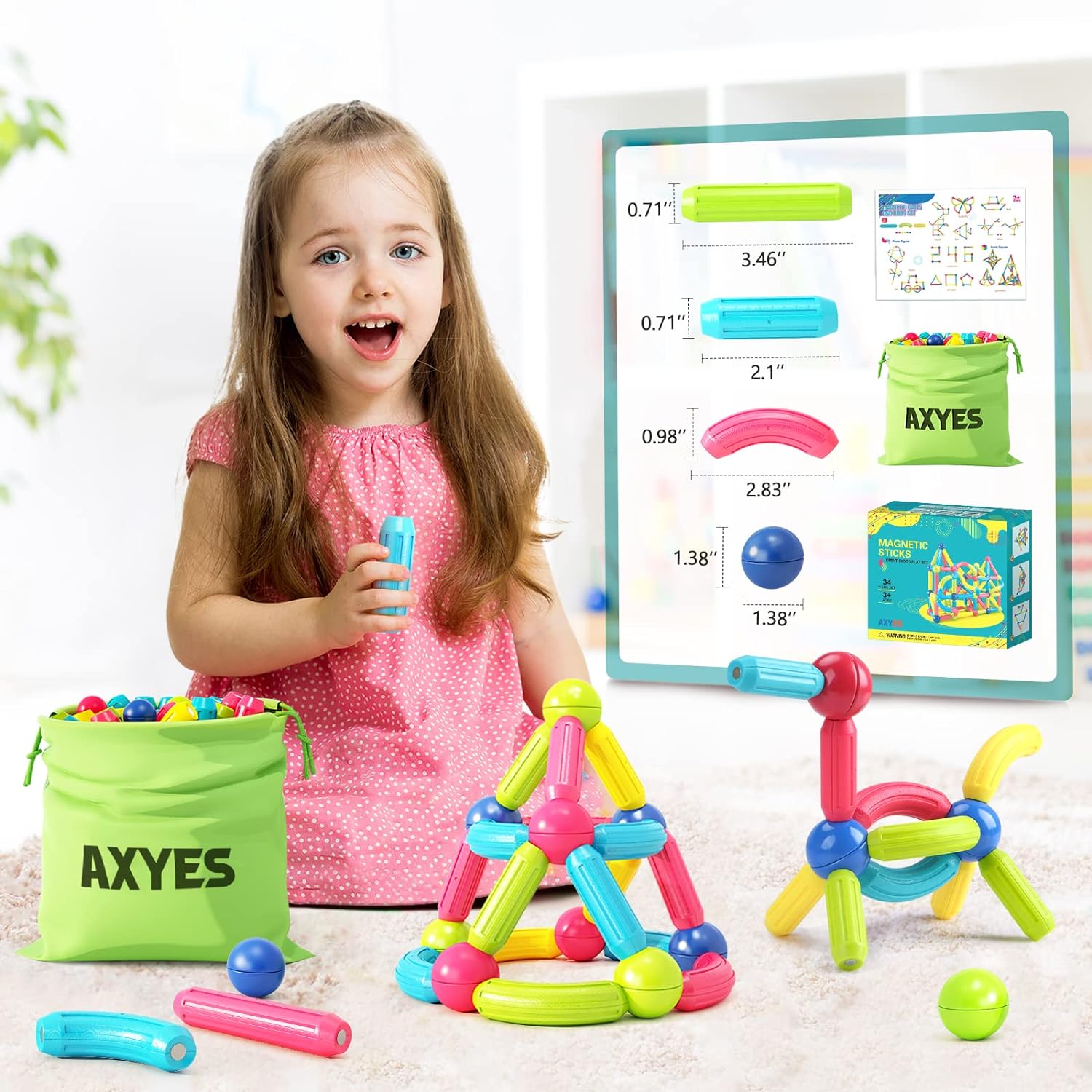 Magnet Toys for 3 Year Old Girls Boys, Educational Preschool Toys Magnetic Building Toys for Toddlers Kids, Sensory Montessori Toys Magnet Building Tiles Sticks Playset, Birthday Gift