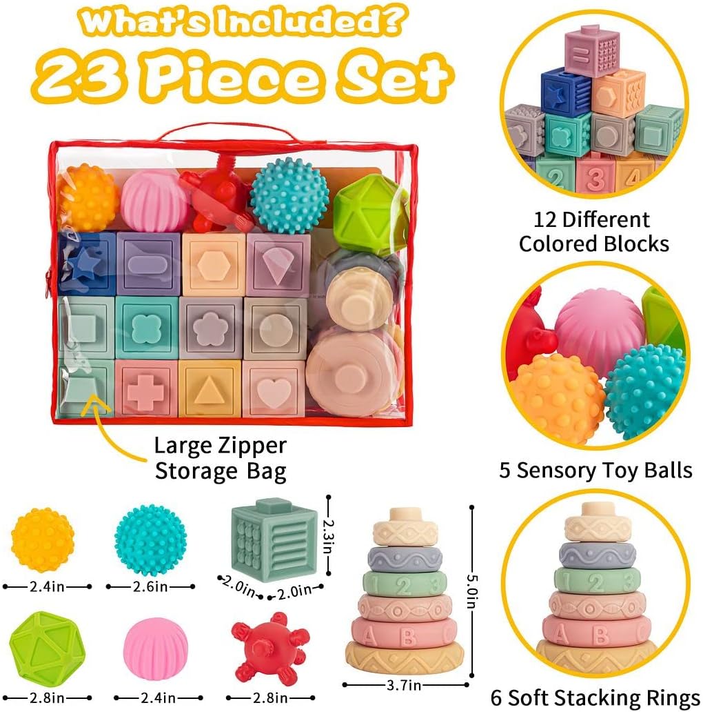 Springflower 3 in 1 Montessori Toys for Babies 0-3-6-12 Months, Soft Baby Teething Toys, Stacking Building Blocks for Infants, Sensory Developmental Education Toys for Toddler Baby 12-18 Months,23 PCS