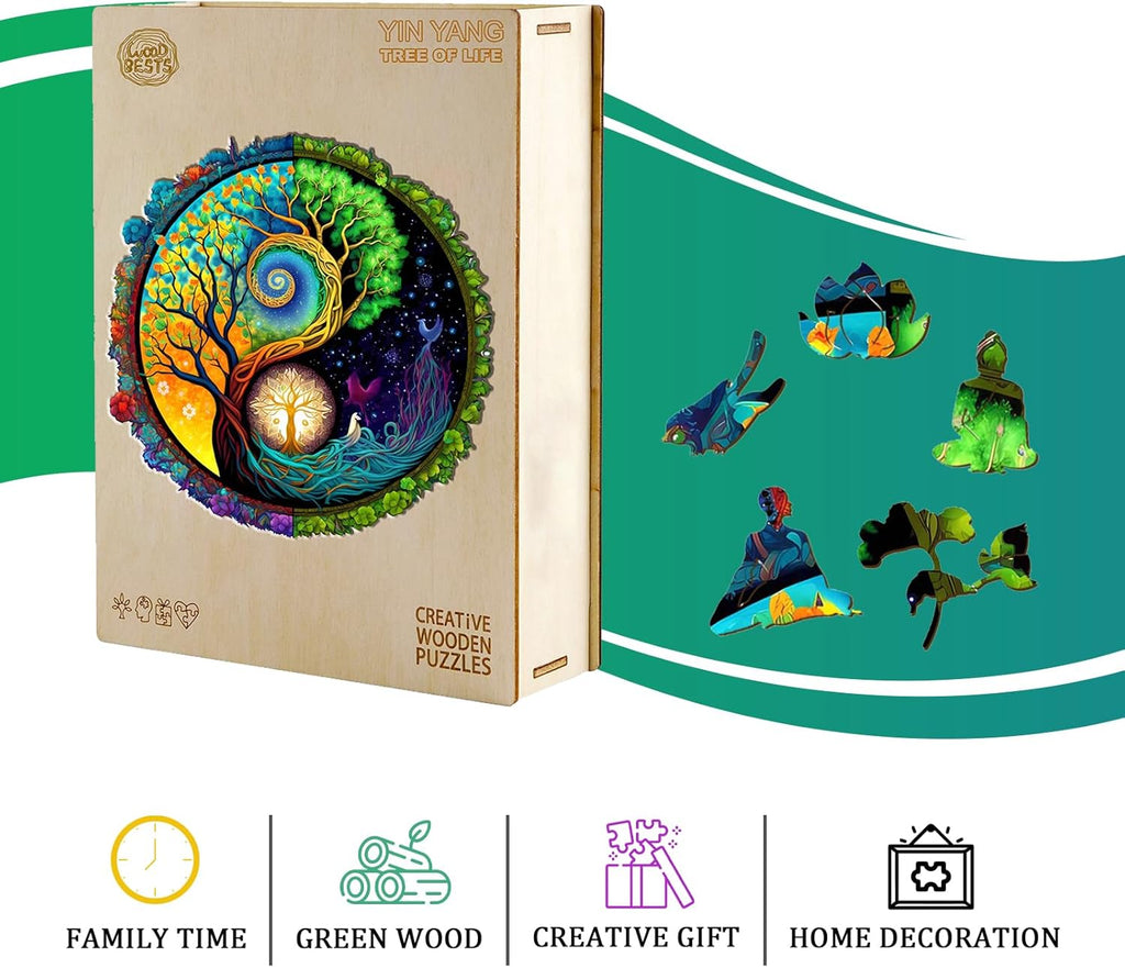 Wooden Puzzles for Adults, Yinyang Tree of Life Wooden Jigsaw Puzzles for Adults, Unique Animal Shape Wood Cut Puzzles for Puzzle Lovers, Birthday Gifts for Family Friend (S-7.9*7.9in-100pcs)