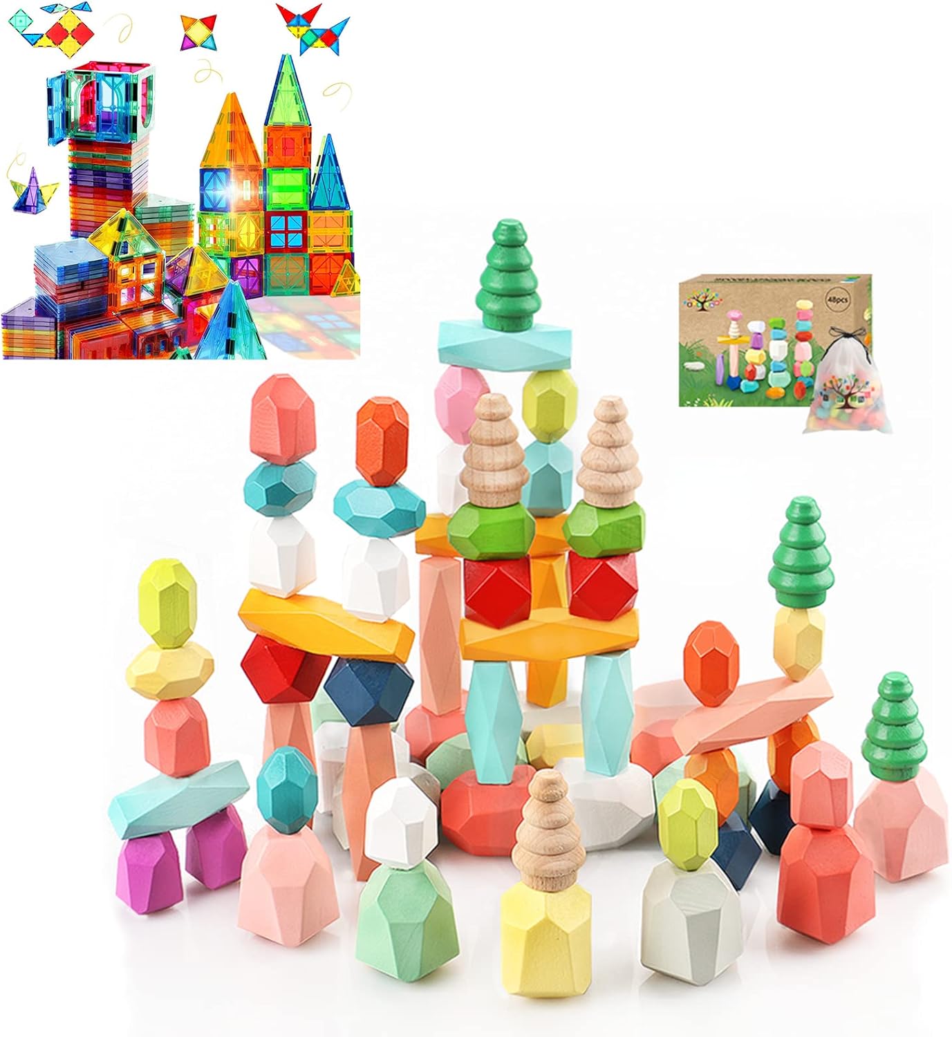 48PCS Wooden Stacking Rocks Building Blocks Montessori Toys for 1 2 3 4 5 6 Year Old Girls and Magnetic Tiles Building Blocks STEM Magnet Blocks Toys for 3+ Year Old Boys and Girls
