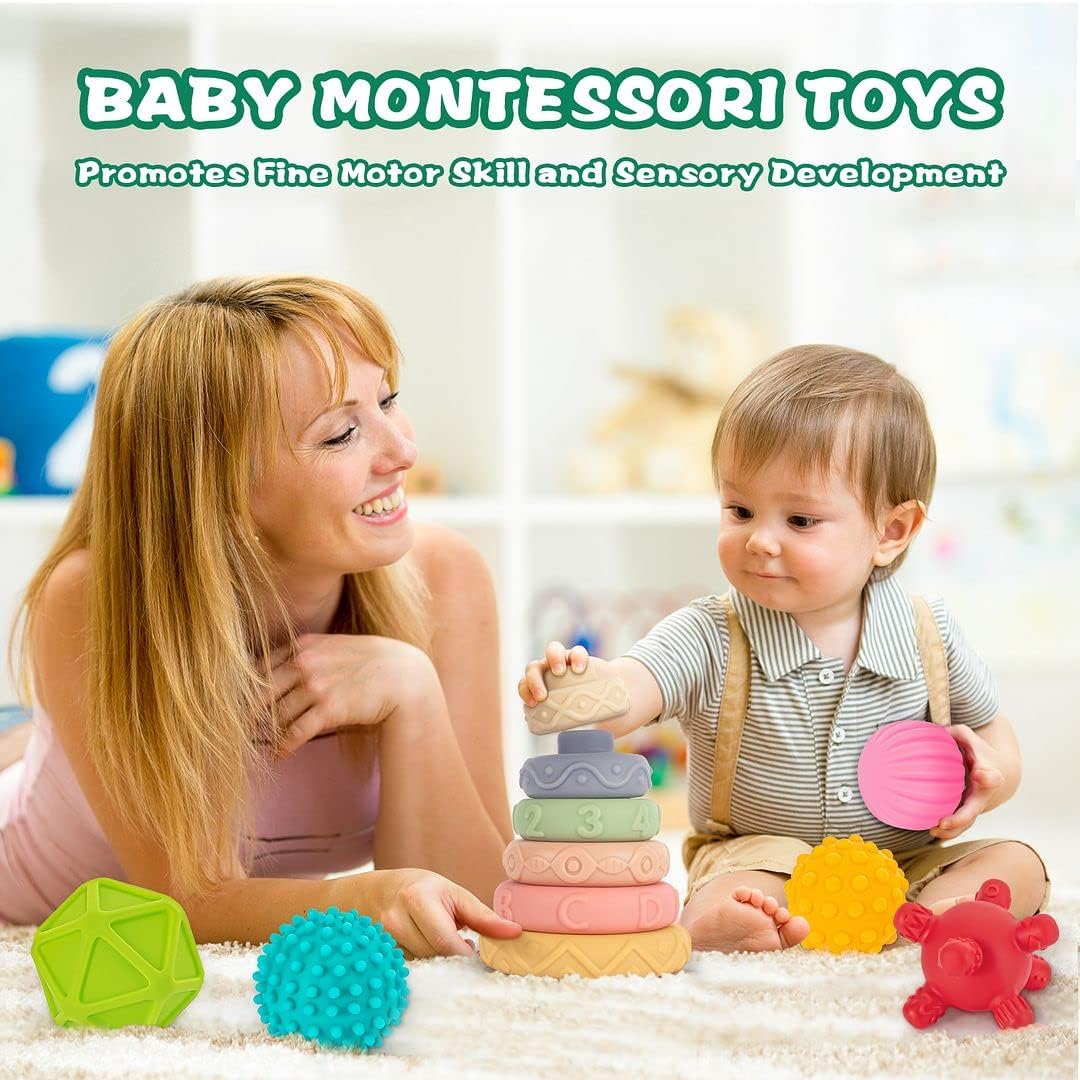 Springflower 3 in 1 Montessori Toys for Babies 0-3-6-12 Months, Soft Baby Teething Toys, Stacking Building Blocks for Infants, Sensory Developmental Education Toys for Toddler Baby 12-18 Months,23 PCS