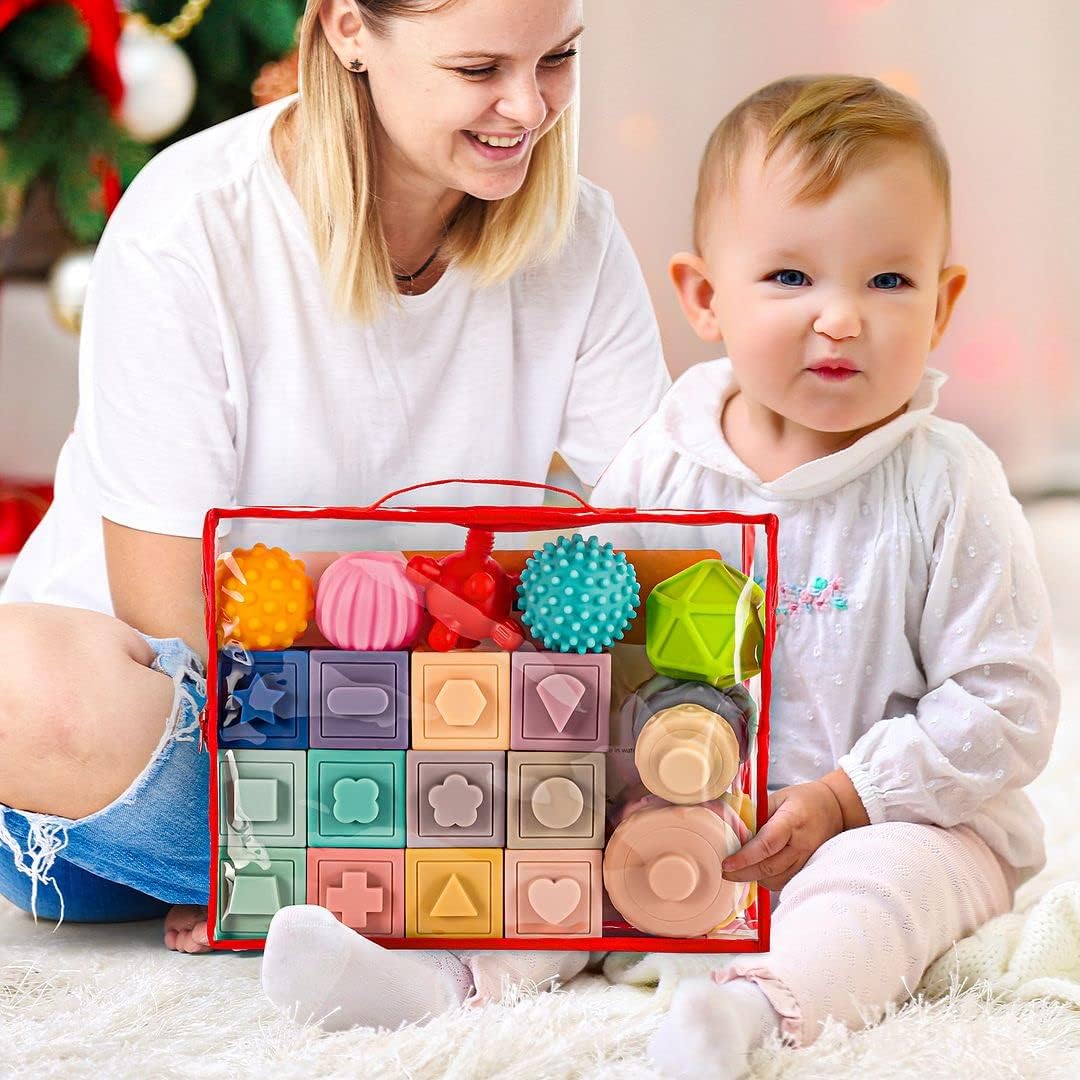 Springflower 3 in 1 Montessori Toys for Babies 0-3-6-12 Months, Soft Baby Teething Toys, Stacking Building Blocks for Infants, Sensory Developmental Education Toys for Toddler Baby 12-18 Months,23 PCS