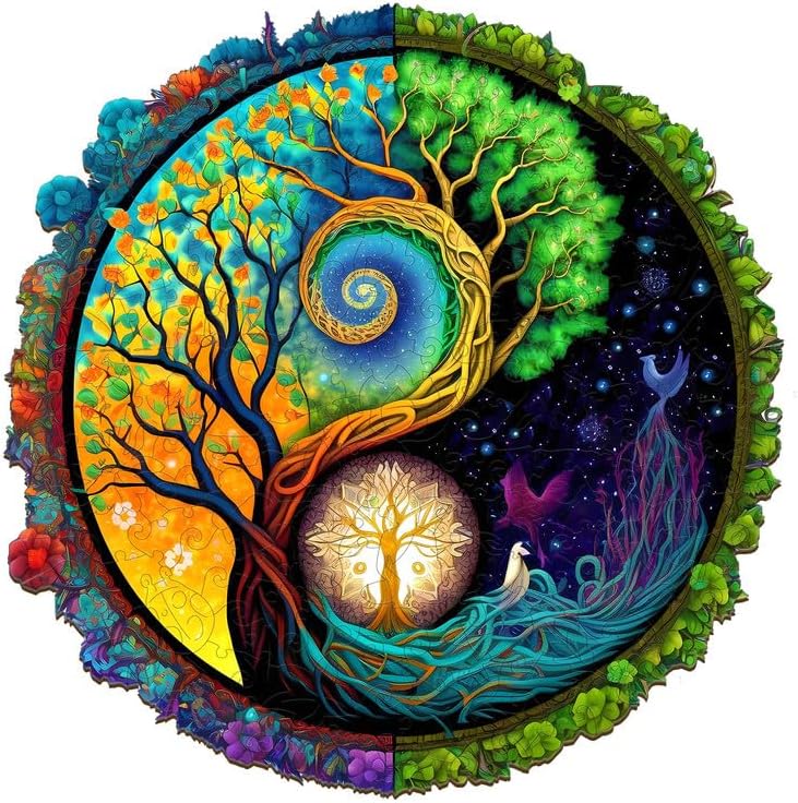 Wooden Puzzles for Adults, Yinyang Tree of Life Wooden Jigsaw Puzzles for Adults, Unique Animal Shape Wood Cut Puzzles for Puzzle Lovers, Birthday Gifts for Family Friend (S-7.9*7.9in-100pcs)