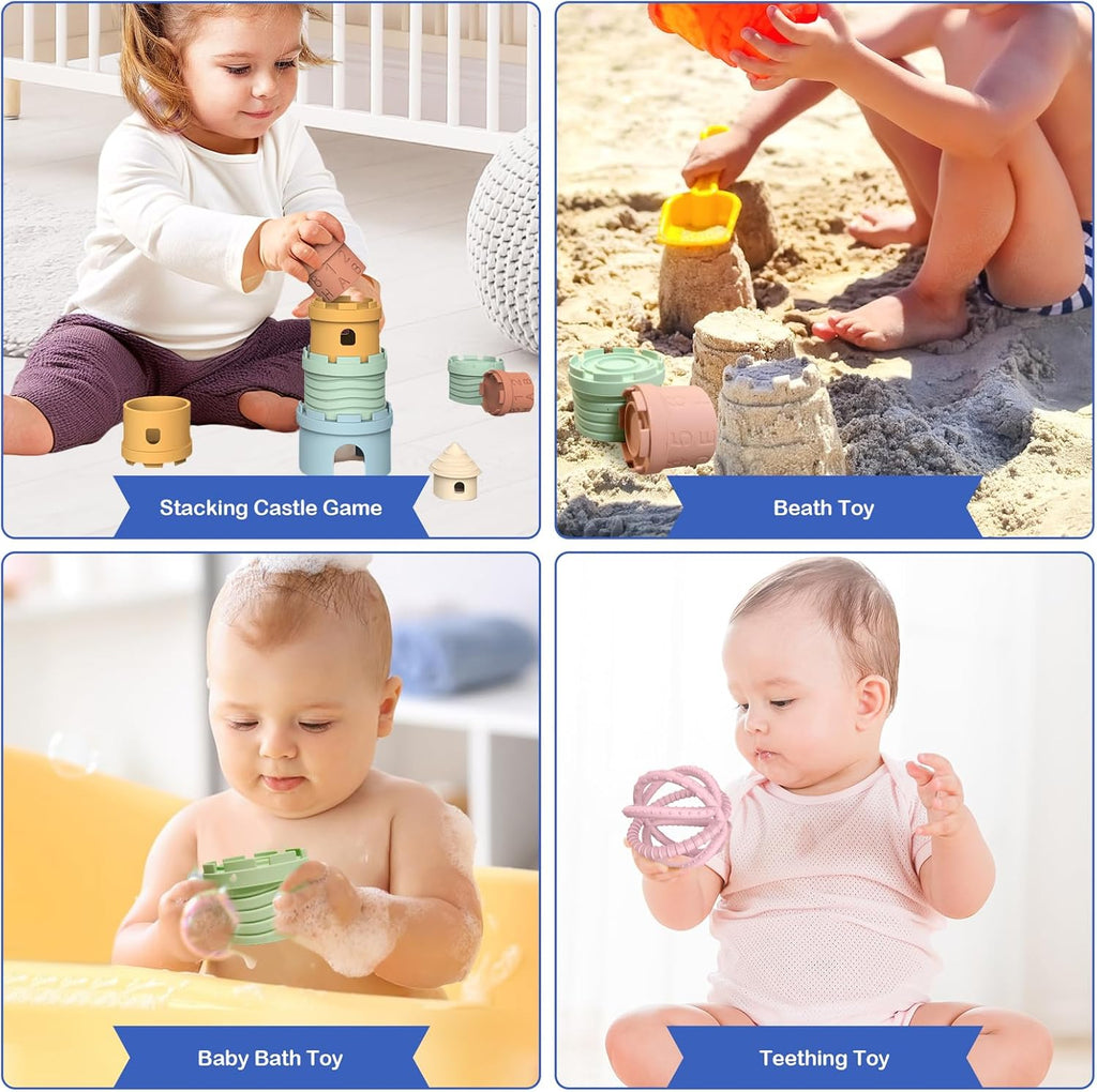 Baby Stacking Toy Set,Baby Stacking Rings,Stacking Cups Toys, Nesting Cups Silicone teether Growth Toy Set，Learning and Explorer Toys,Stacking Toys for Toddlers 1-3