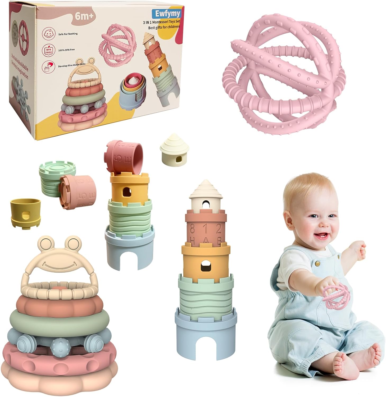 Baby Stacking Toy Set,Baby Stacking Rings,Stacking Cups Toys, Nesting Cups Silicone teether Growth Toy Set，Learning and Explorer Toys,Stacking Toys for Toddlers 1-3