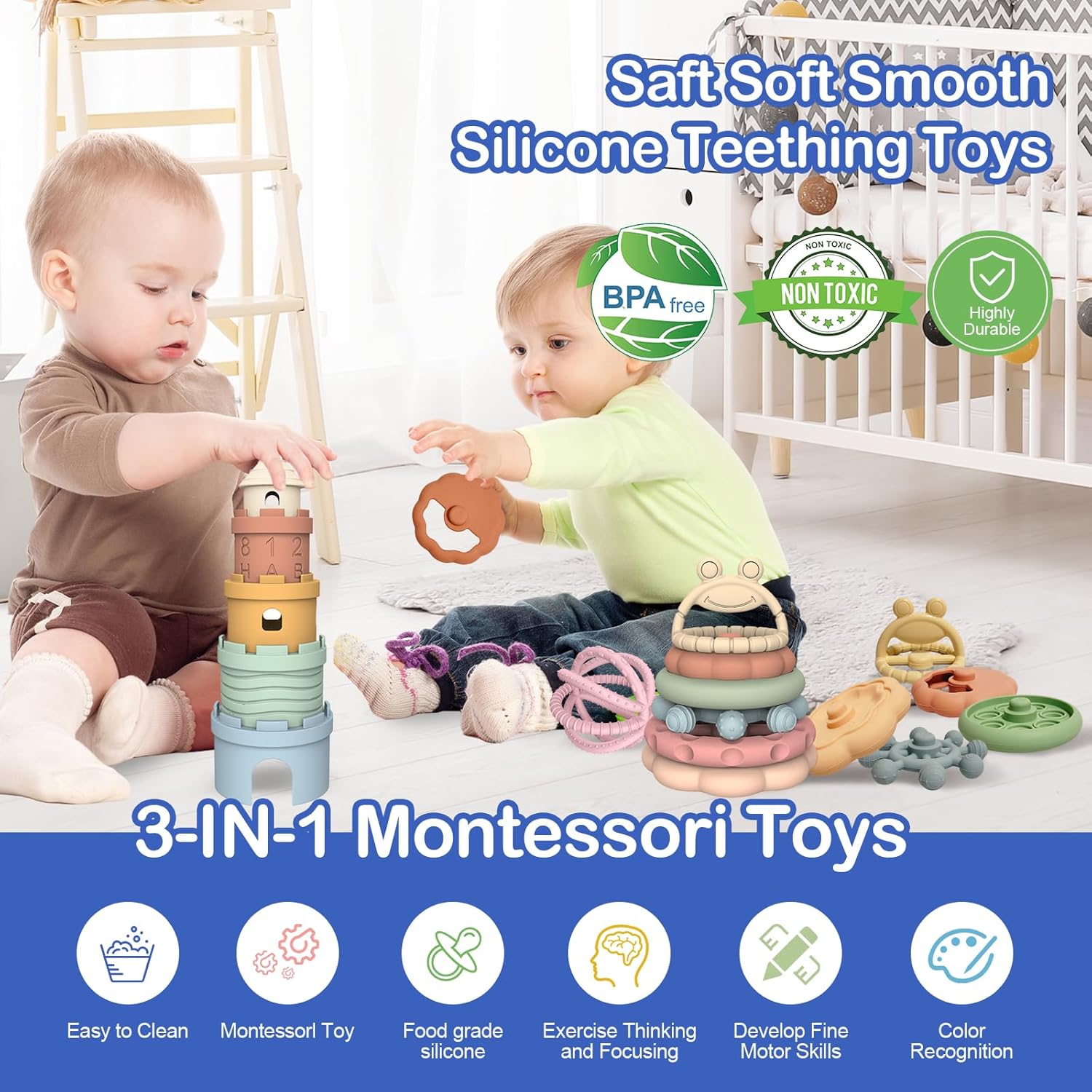Baby Stacking Toy Set,Baby Stacking Rings,Stacking Cups Toys, Nesting Cups Silicone teether Growth Toy Set，Learning and Explorer Toys,Stacking Toys for Toddlers 1-3