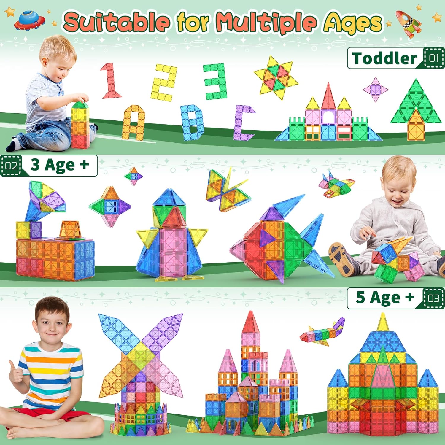 Magnetic Tiles Magnet Toys for Girls Boys, Sensory STEM Magnetic Blocks Building Toys for Kids, Preschool Learning Montessori Toys for 3+ Year Old, Toddler Age 3-5 5-7