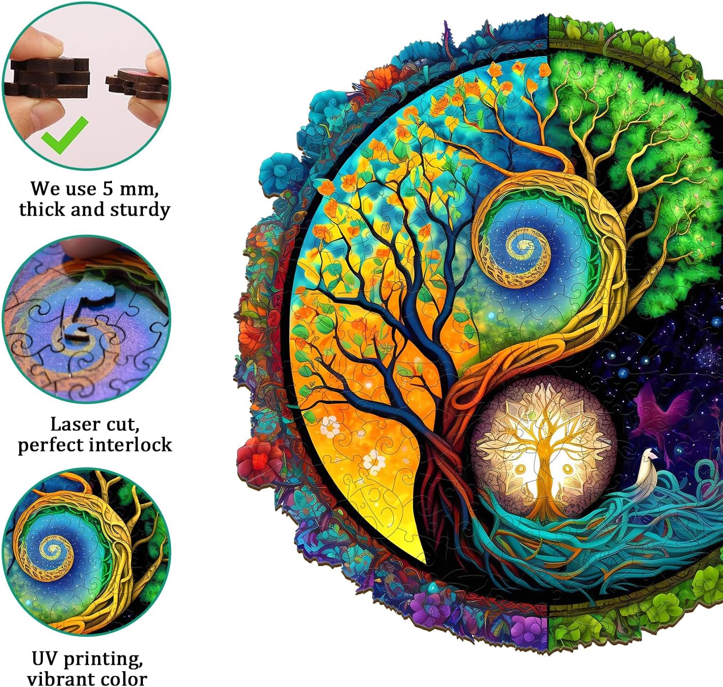 Wooden Puzzles for Adults, Yinyang Tree of Life Wooden Jigsaw Puzzles for Adults, Unique Animal Shape Wood Cut Puzzles for Puzzle Lovers, Birthday Gifts for Family Friend (S-7.9*7.9in-100pcs)