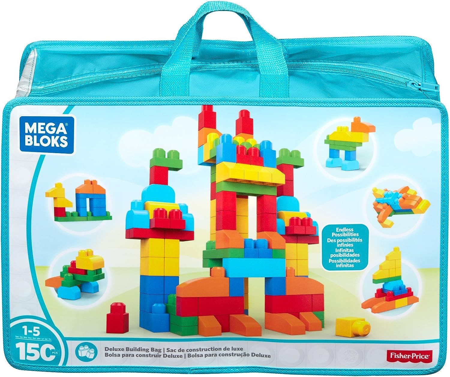 MEGA BLOKS First Builders Toddler Blocks Toys Set, Deluxe Building Bag with 150 Pieces and Storage, Blue, Ages 1+ Years