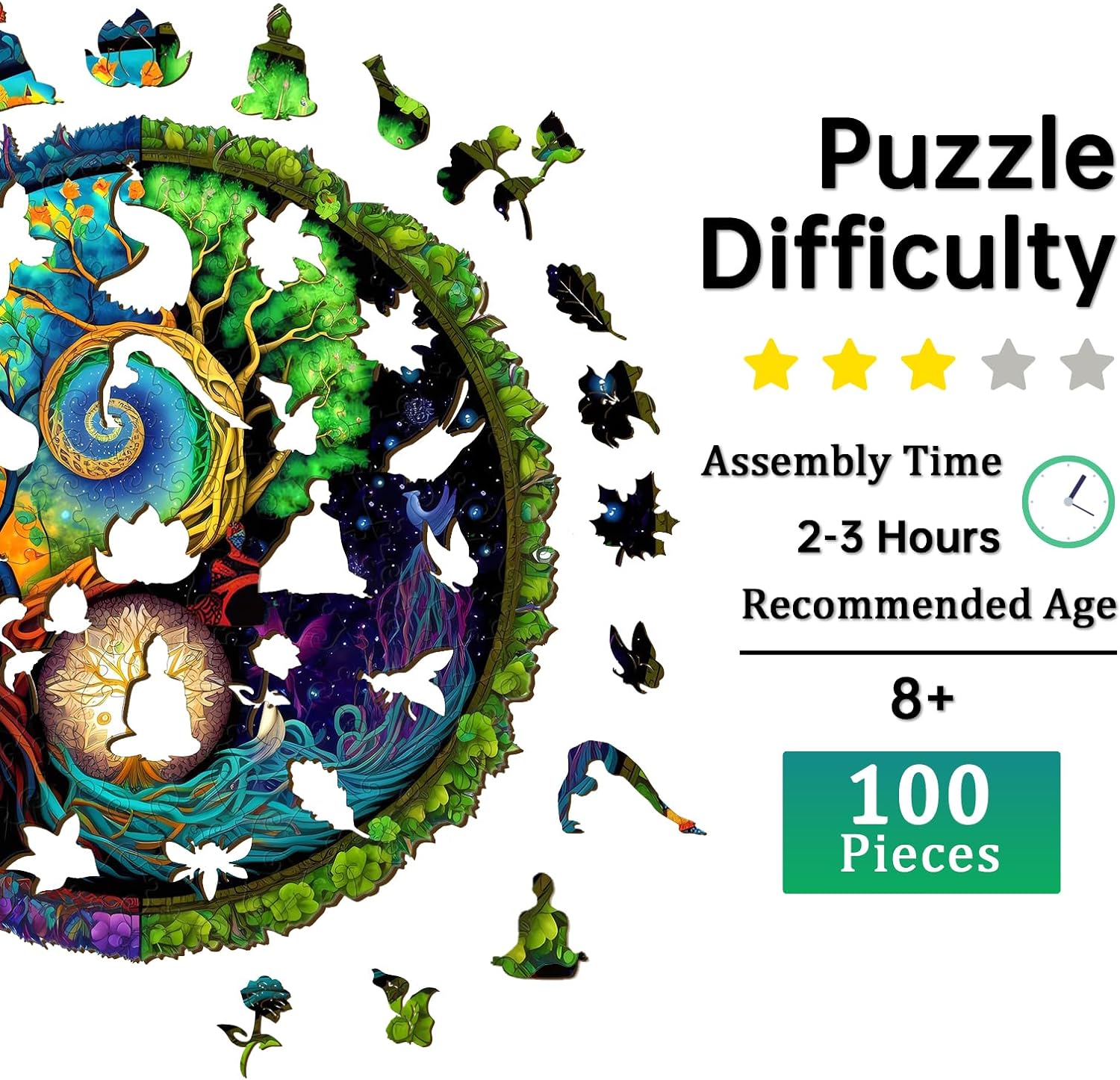 Wooden Puzzles for Adults, Yinyang Tree of Life Wooden Jigsaw Puzzles for Adults, Unique Animal Shape Wood Cut Puzzles for Puzzle Lovers, Birthday Gifts for Family Friend (S-7.9*7.9in-100pcs)