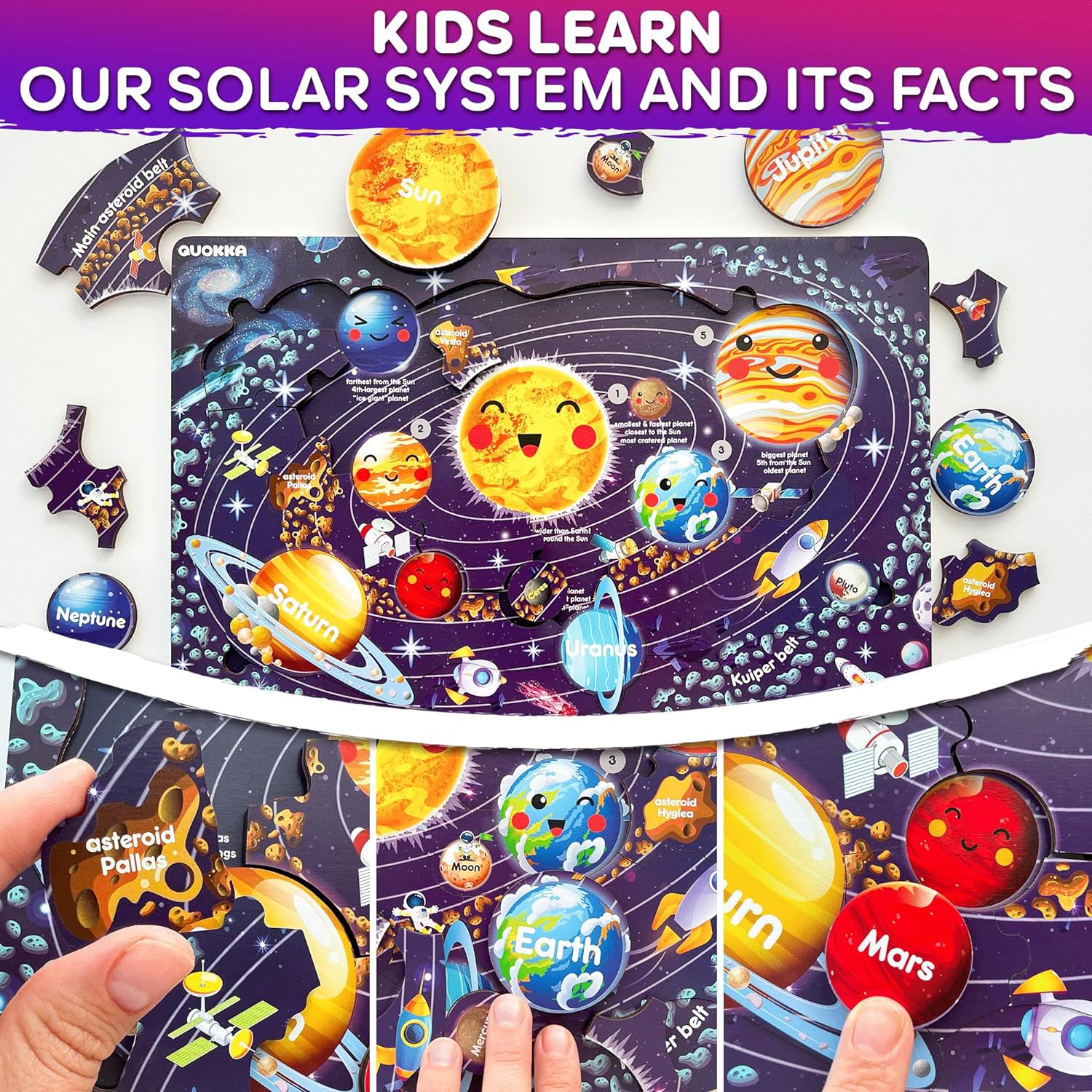 QUOKKA Wooden Puzzles for Kids Ages 4-6 – 3 Educational Wood Toddler Puzzles Ages 3-5 – Learning United States Toddler Game Puzzles Ages 2-4 – Gift World, Space and USA Maps for Boys and Girls