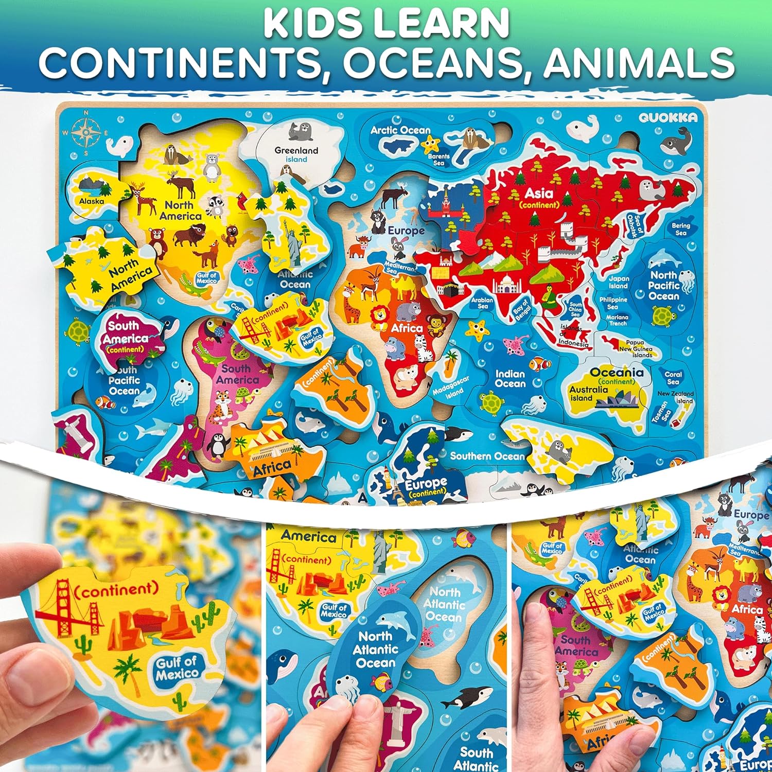 QUOKKA Wooden Puzzles for Kids Ages 4-6 – 3 Educational Wood Toddler Puzzles Ages 3-5 – Learning United States Toddler Game Puzzles Ages 2-4 – Gift World, Space and USA Maps for Boys and Girls