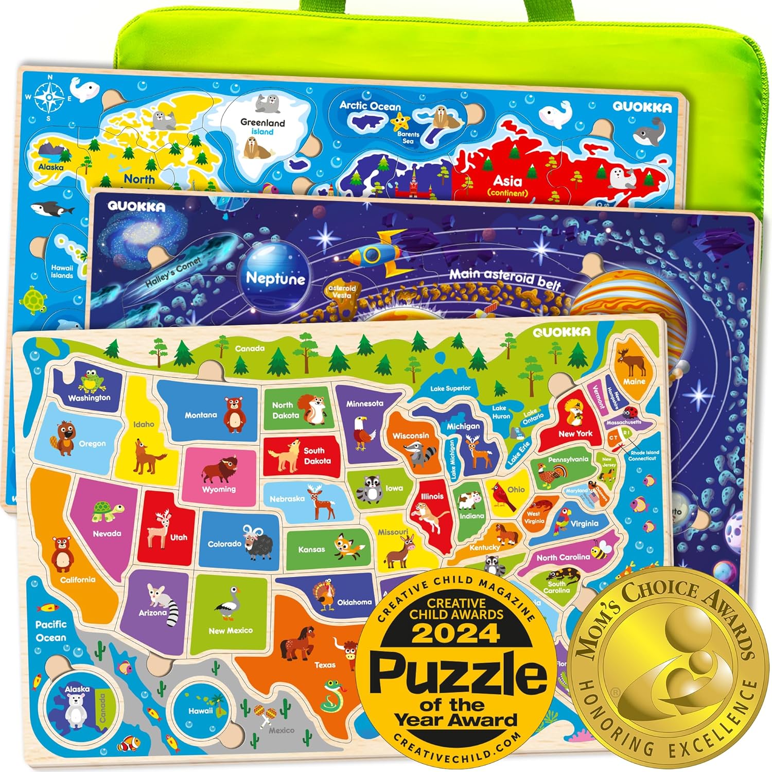 QUOKKA Wooden Puzzles for Kids Ages 4-6 – 3 Educational Wood Toddler Puzzles Ages 3-5 – Learning United States Toddler Game Puzzles Ages 2-4 – Gift World, Space and USA Maps for Boys and Girls