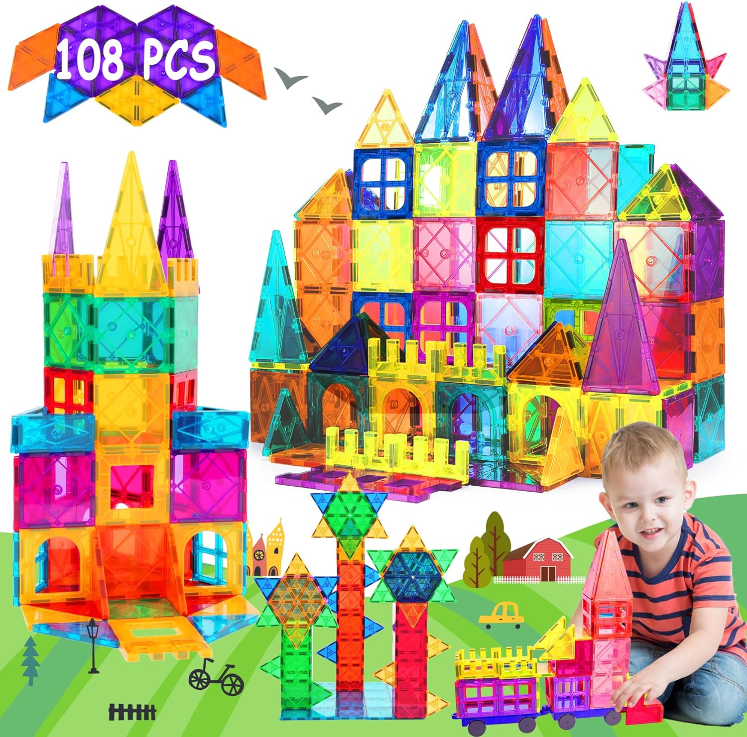 42PCS Magnetic Tiles,Magnetic Building Blocks for Kids Age 3 4 5 6 7 8,Toddler Montessori STEM Sensory Magnet Toys