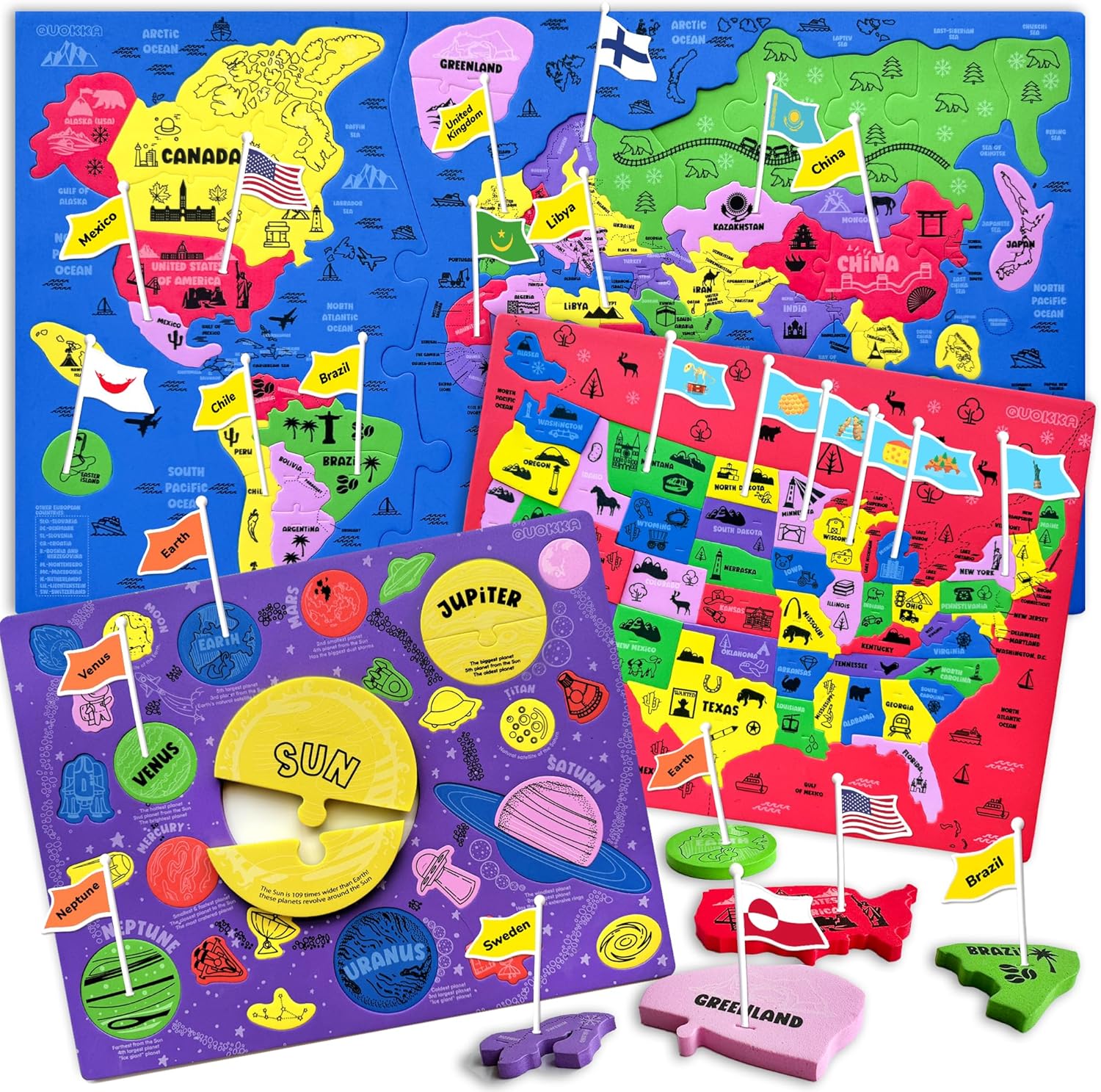 QUOKKA Wooden Puzzles for Kids Ages 4-6 – 3 Educational Wood Toddler Puzzles Ages 3-5 – Learning United States Toddler Game Puzzles Ages 2-4 – Gift World, Space and USA Maps for Boys and Girls