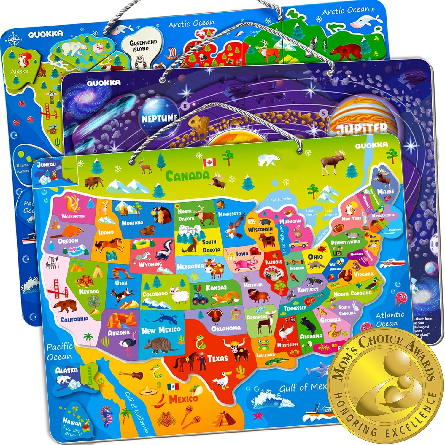 QUOKKA Wooden Puzzles for Kids Ages 4-6 – 3 Educational Wood Toddler Puzzles Ages 3-5 – Learning United States Toddler Game Puzzles Ages 2-4 – Gift World, Space and USA Maps for Boys and Girls