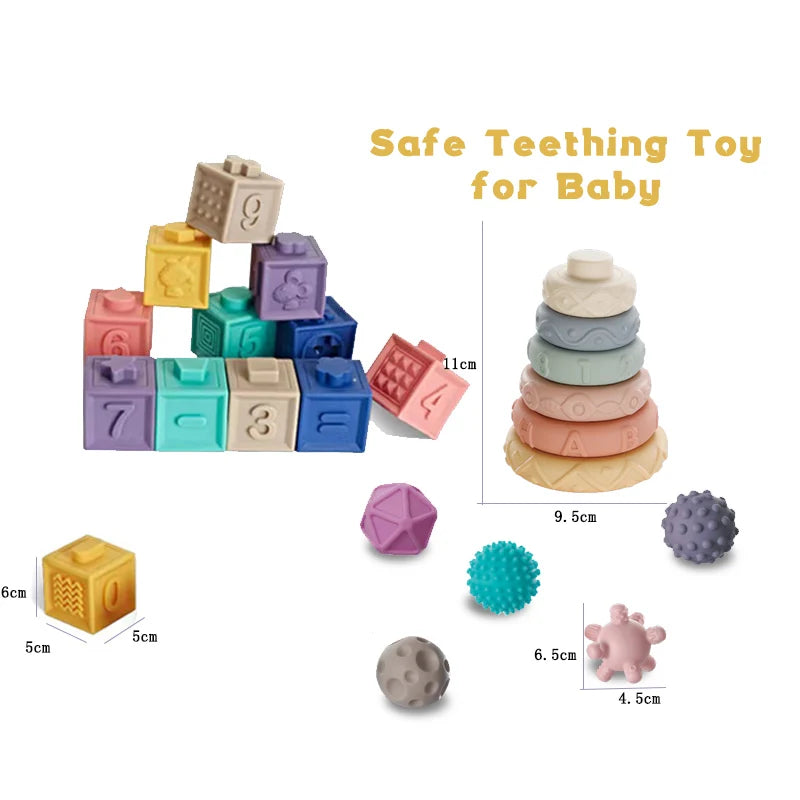 2024 NEW Educational Hand Touch Animal Number Silicone 3D Building Cube Toy Squeezable Sensory Baby Soft Stacking Blocks