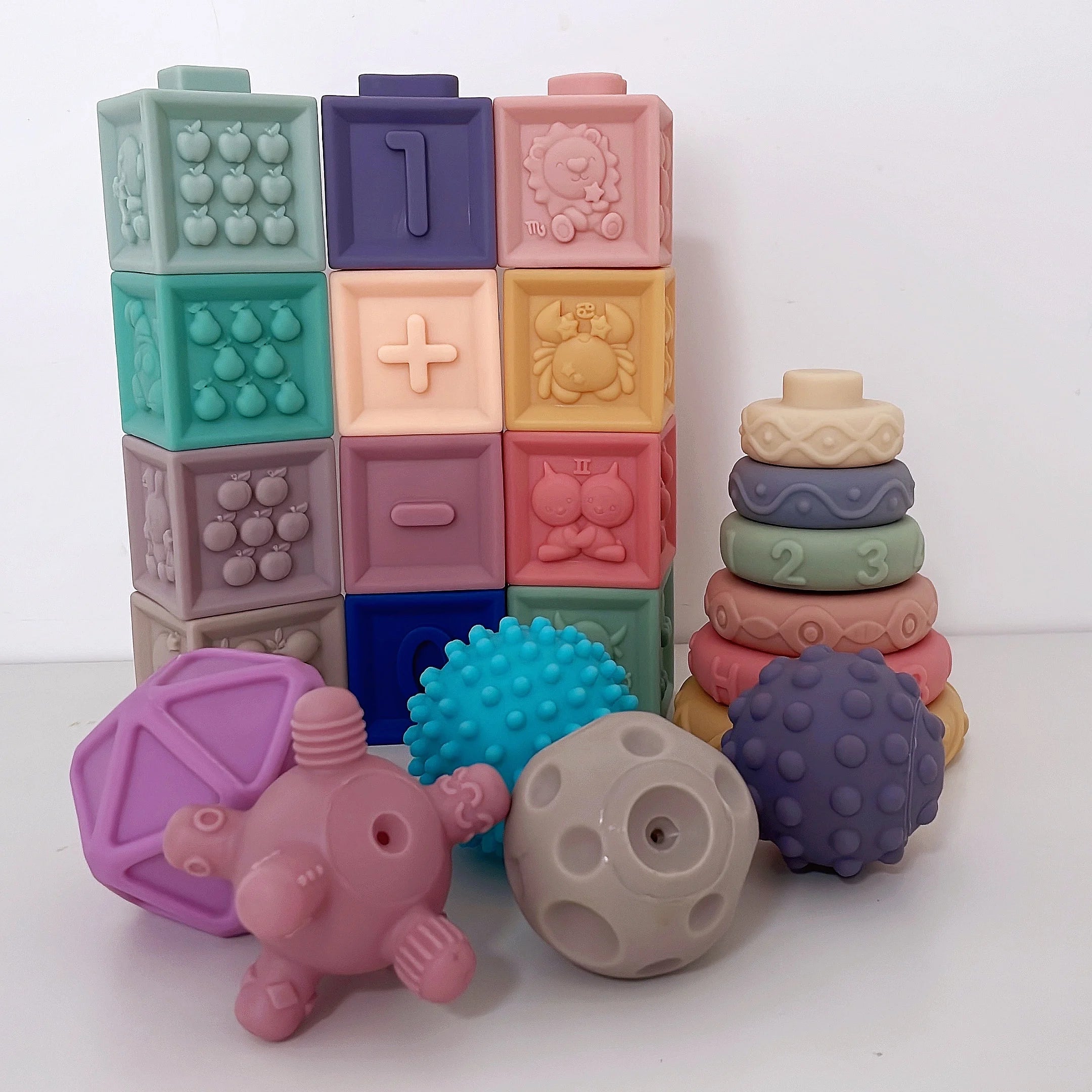 2024 NEW Educational Hand Touch Animal Number Silicone 3D Building Cube Toy Squeezable Sensory Baby Soft Stacking Blocks