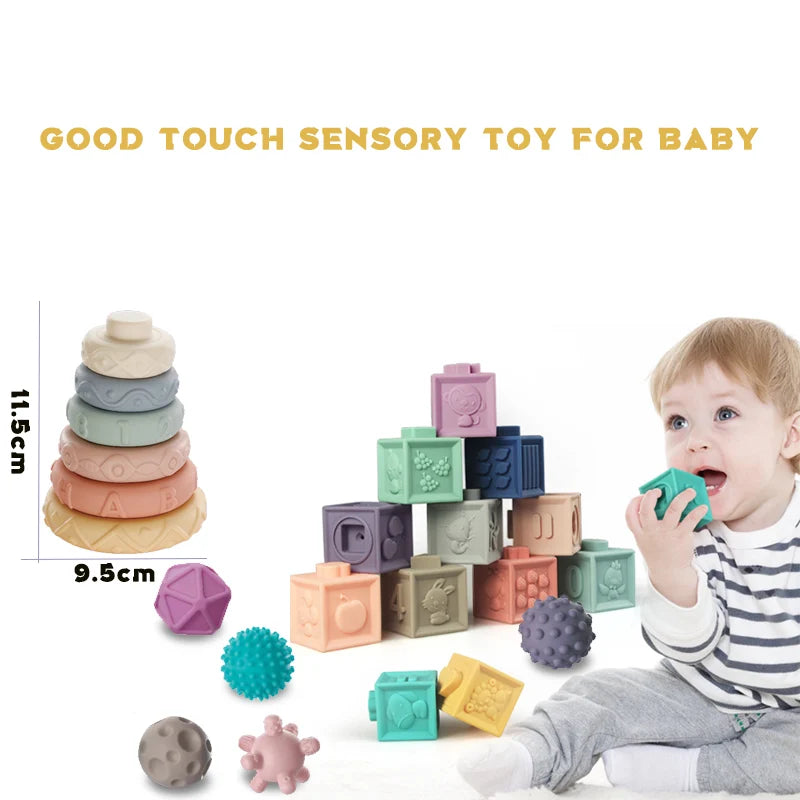 2024 NEW Educational Hand Touch Animal Number Silicone 3D Building Cube Toy Squeezable Sensory Baby Soft Stacking Blocks